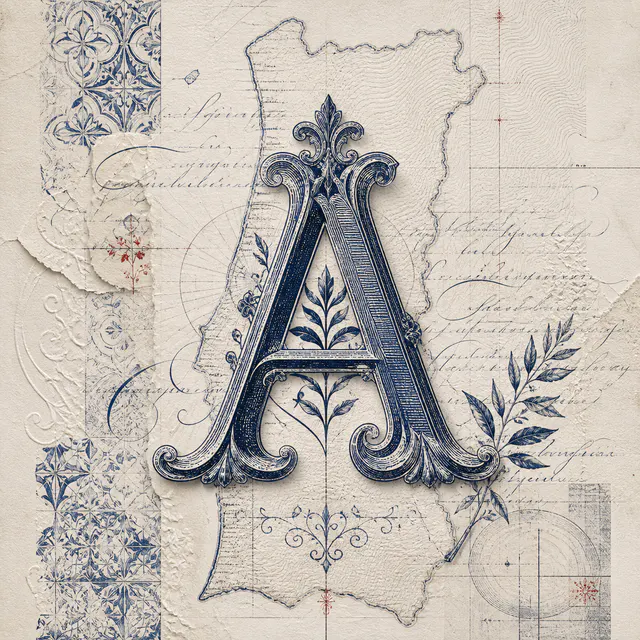 Colagem editorial em papel marfim com uma letra A gravada, o contorno de Portugal, caligrafia e padrões de azulejo em azul.